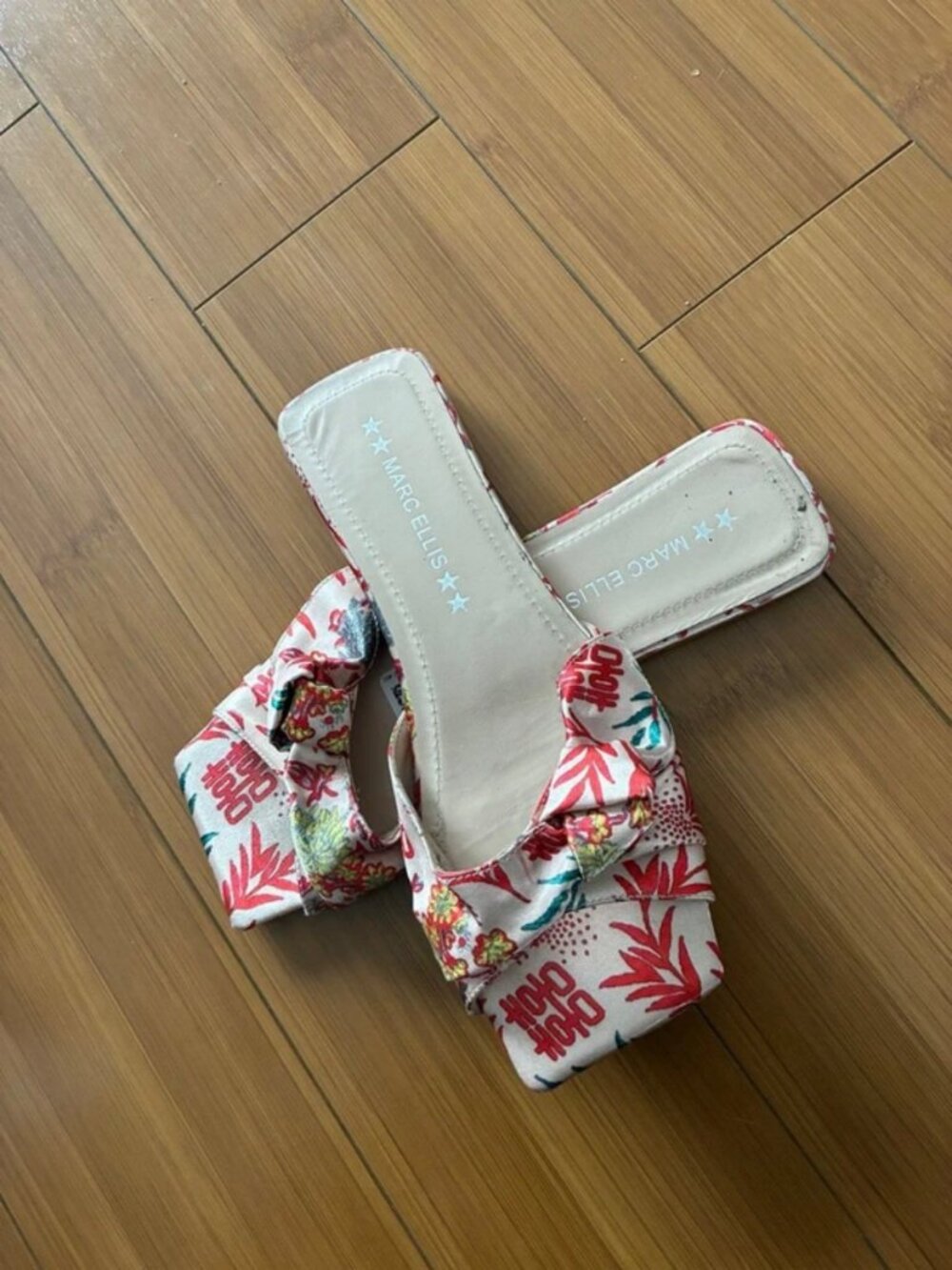 mark ellis japan beige britney sandals low heels floral 6.5